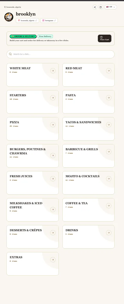 Restaurant menu in a light, minimal theme